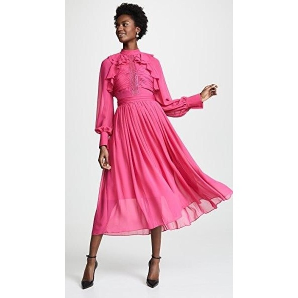 Self-Portrait Fuchsia Pink Chiffon Ruffle Lace Midi Dress Long Sleeve US 8 UK 12 - Picture 12 of 12